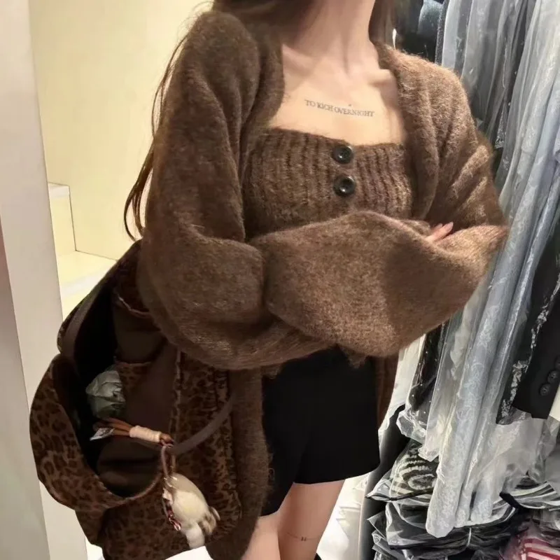 Women's 2 Piece Knit Cardigan Sweater Set with Cami Vest Autumn Spring Outerwear Female Two Piece Matching Set Gray Brown Beige