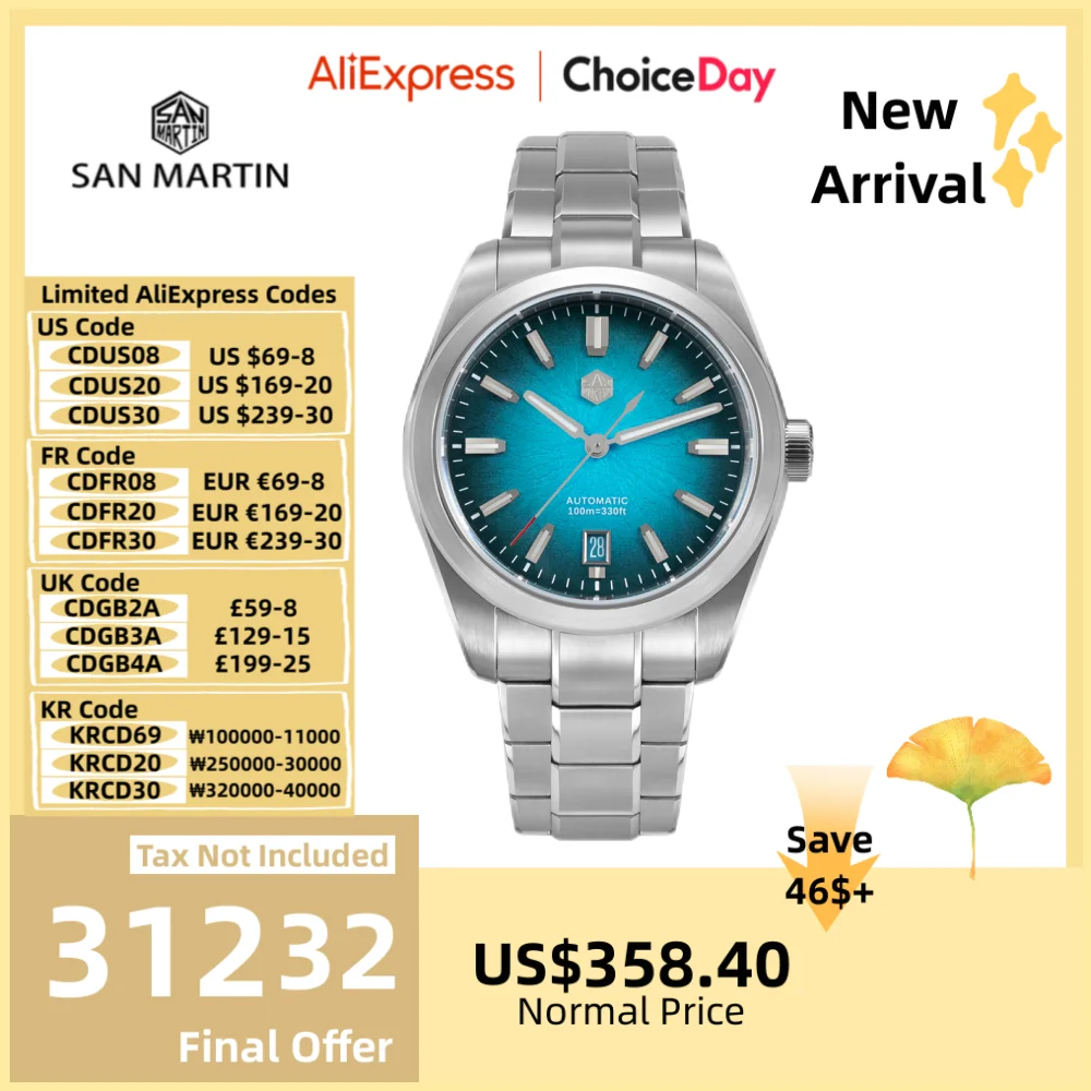 San Martin 39mm Original GADA Enamel Gradient JianZhan Dial Men Watch Dress 9015 Self-Wind Wrist Timepiece 10Bar BGW-X1 SN0144X