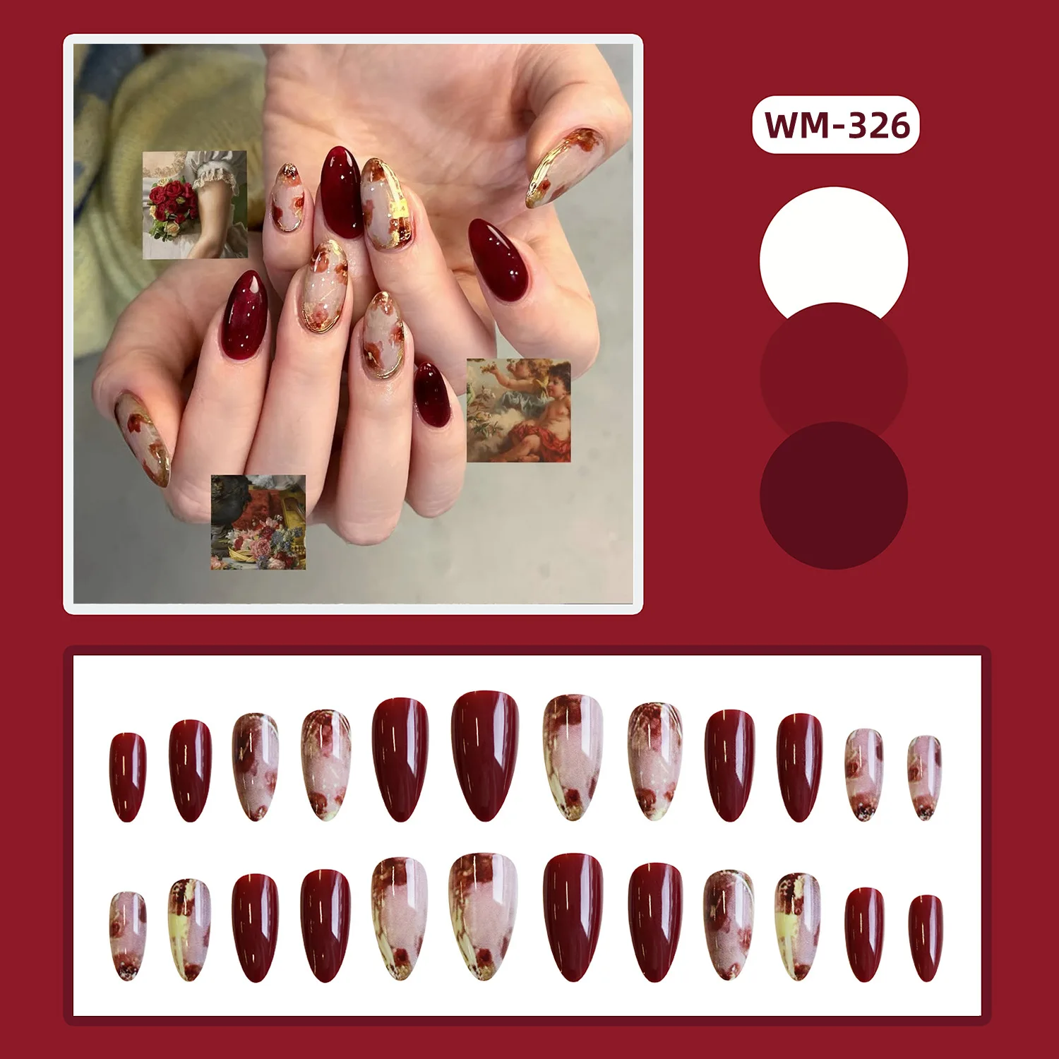 

24pcs Almond Rose Fake Nails Ombre Wine Red Floral Press on Nail Gold Foil Removable Wearable Nail for Women&Girl False Nail