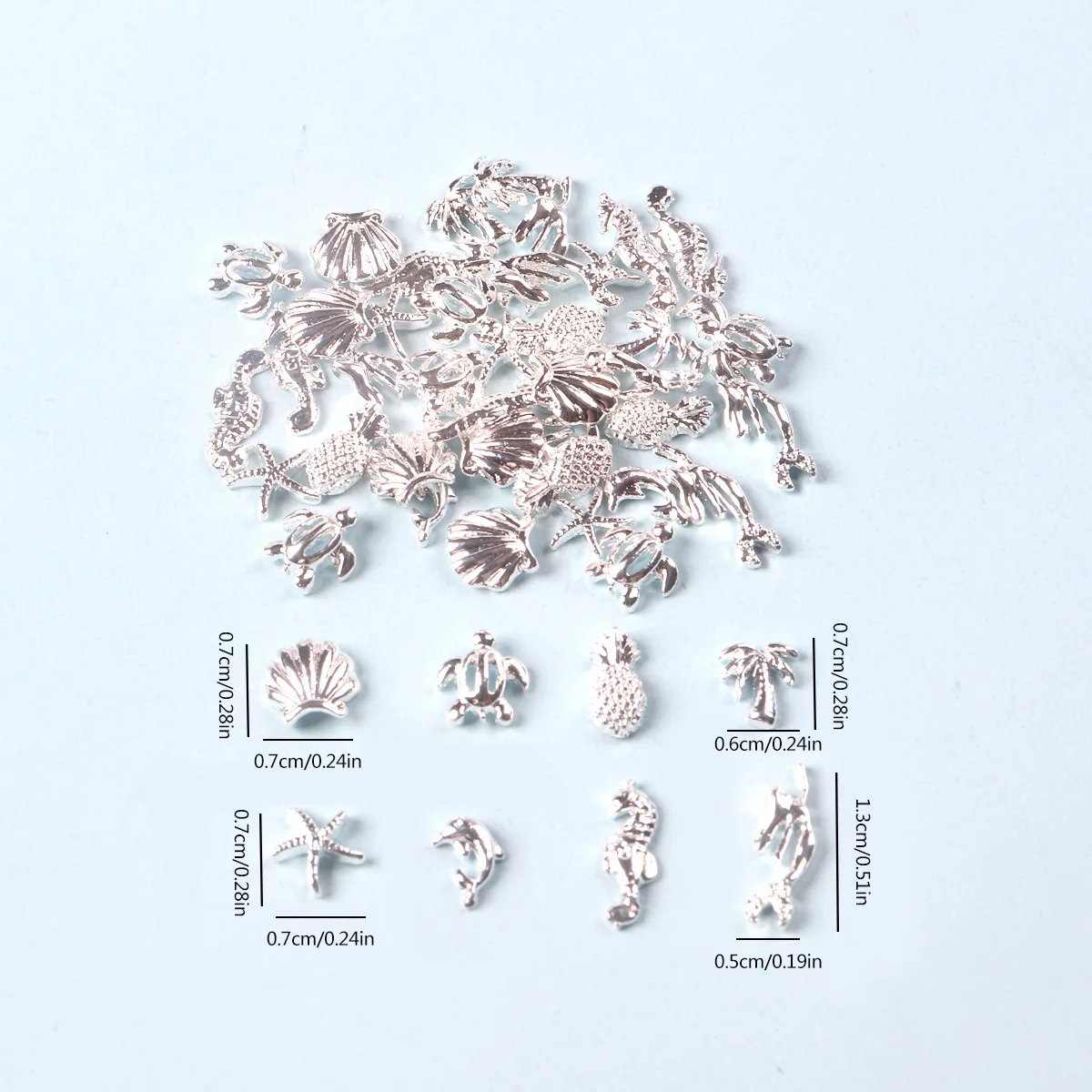 TSZS 50pcs/bag Ocean Starfish Shell Nail Art Charms Silver Beach Starfish Sea Seashell Nail Decoration Metal 3D Charms for Nail