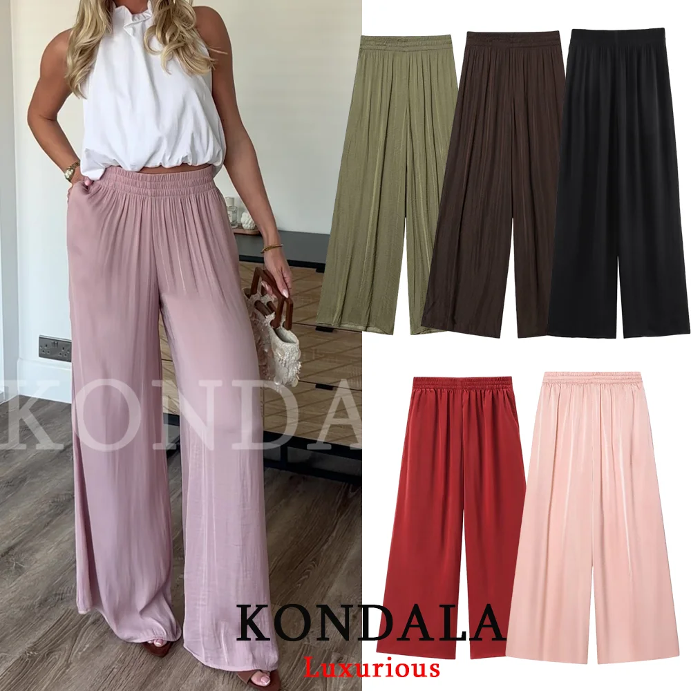 

KONDALA Casual Chic Satin Women Long Pants Spring Summer Cool Wide Leg Beach Pants Holiday Streetwear Elastic Y2K Girl Pants