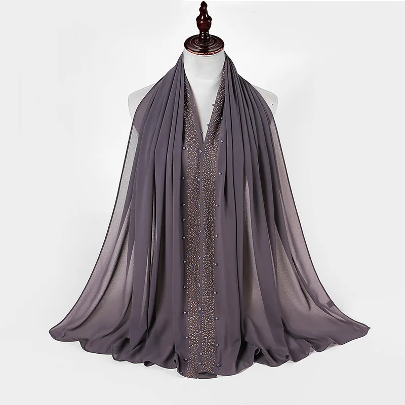 72*175 CM Een Nieuwe Maleisische Etnische Parel Chiffon Hoofddoek met Een Enkele Kleur en Een Moslim Mode Reliëf diamant Hoofddoek