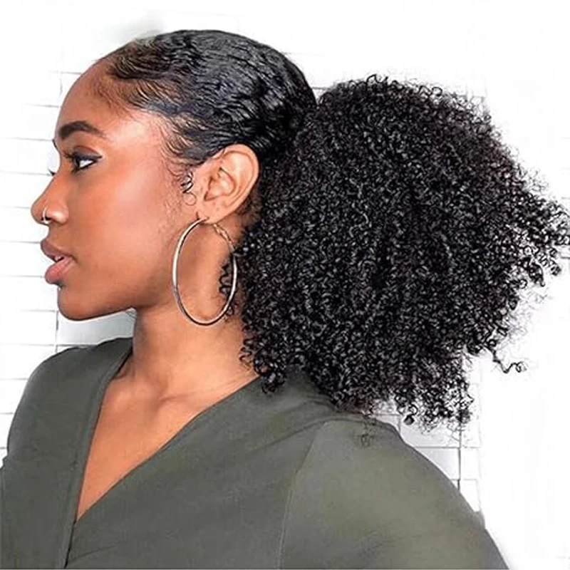 Afro Kinky Curly 4C Ponytail Extension for Black Women Heat Resistant Real Human Hair Instant Clip in Drawstring Ponytail