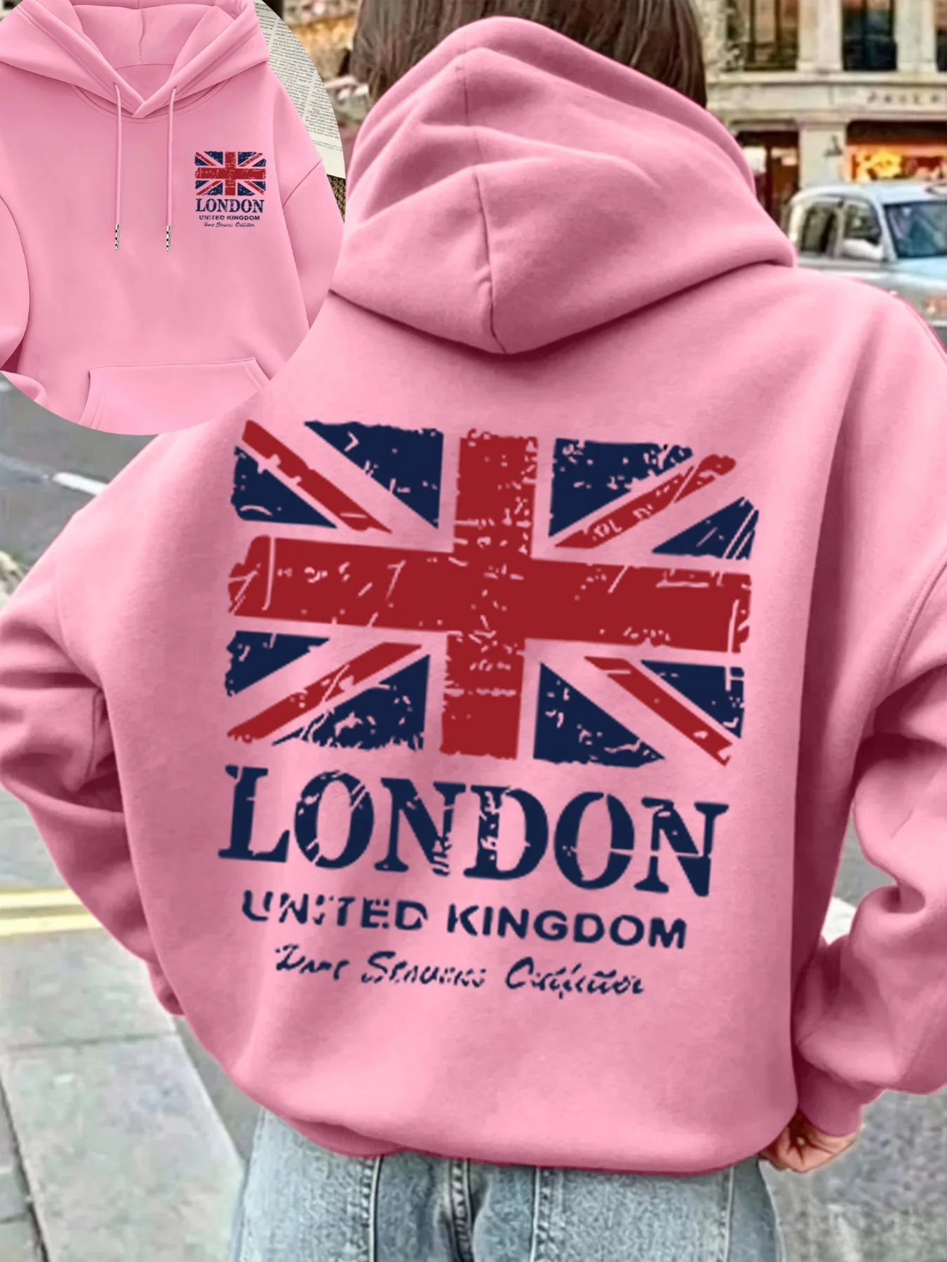 Unisex London UK Flaggen-Sport-Hoodie Union Jack Vintage-Druck Hellgrauer Oversized Pullover Streetwear Sweatshirt Frühling Herbst – Detail 6