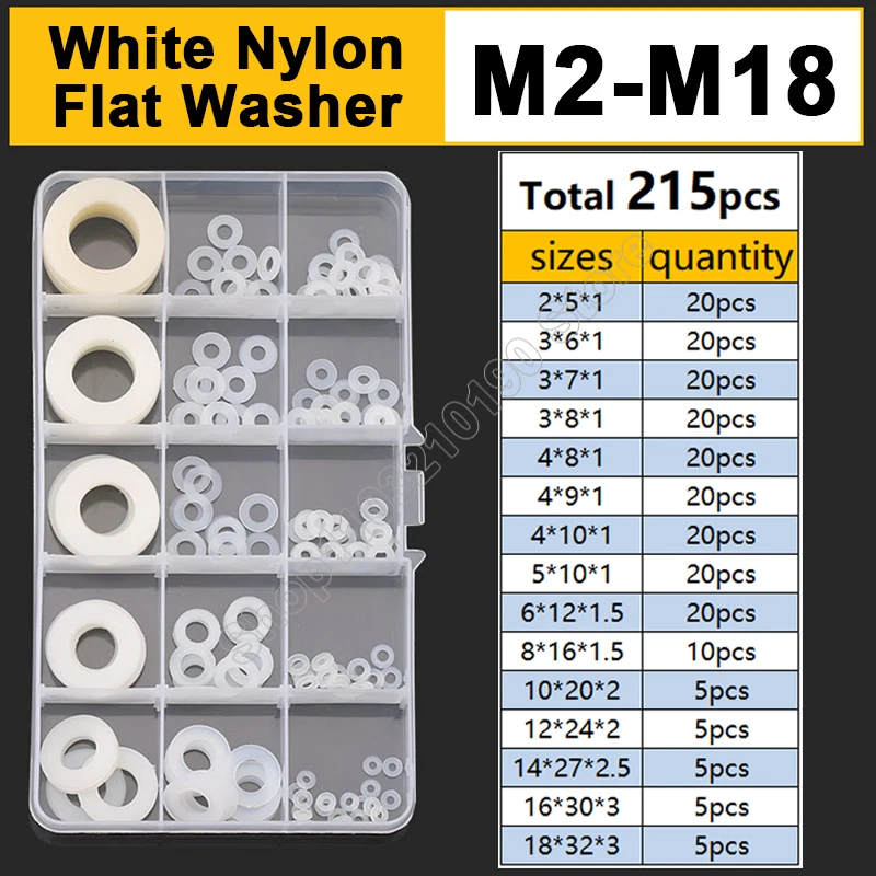 

M2 M3 M4 M5 M6 M8-M18 White Plastic Nylon Flat Washer Plain Insulation Spacer Seals Gasket Ring Plane Spacer Assortment Kit Set