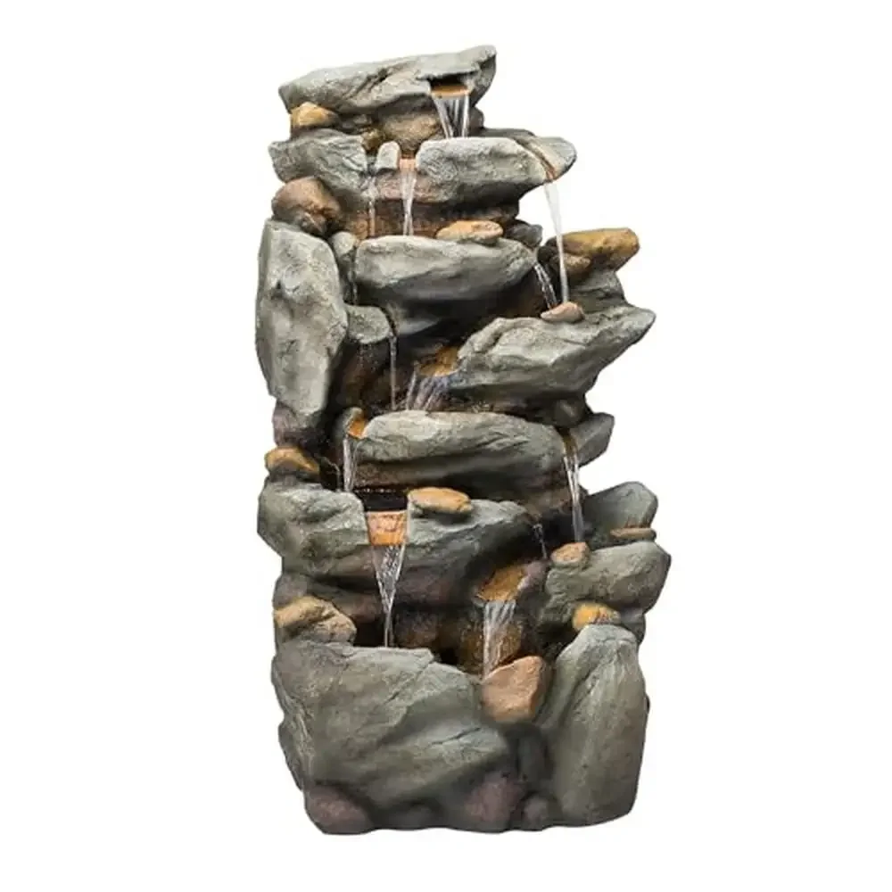 Outdoor 8-Tiered Rock Waterfall Fountain LED Lights Natural Stone Look 50