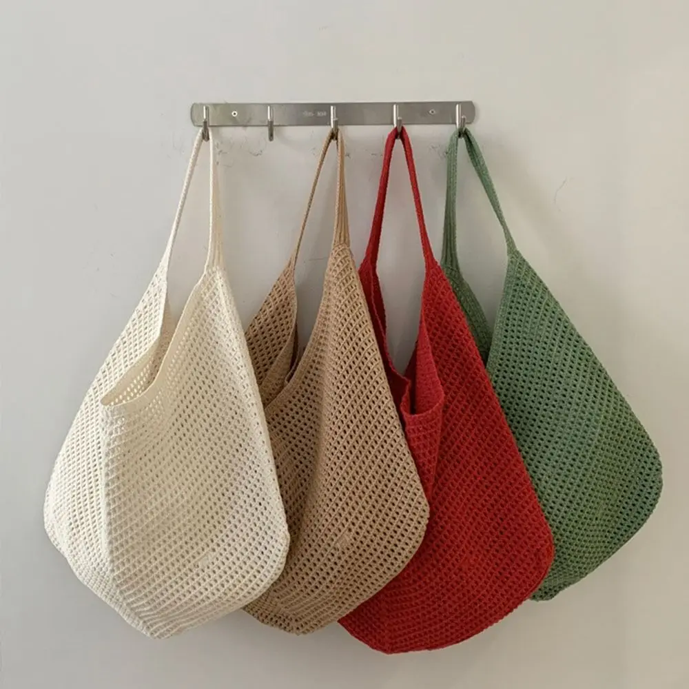 

Simple Handmade Knit Shoulder Bag Bohemian Solid Color Crochet Tote Bag Hollow Out Large Capacity Woven Handbag Vacation