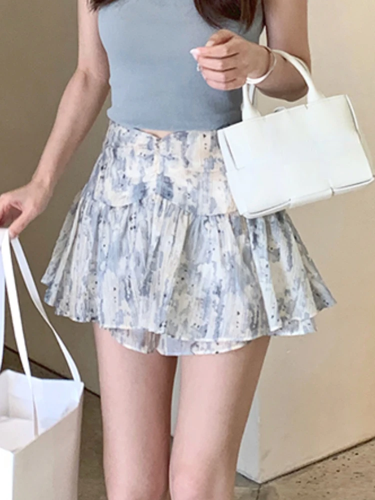 France Elegant Floral Print Skirt Women Chiffon Fairy Sweet Party Mini Skirt Female Ruffle Flounce Korean Fashion Skirt 2023 New