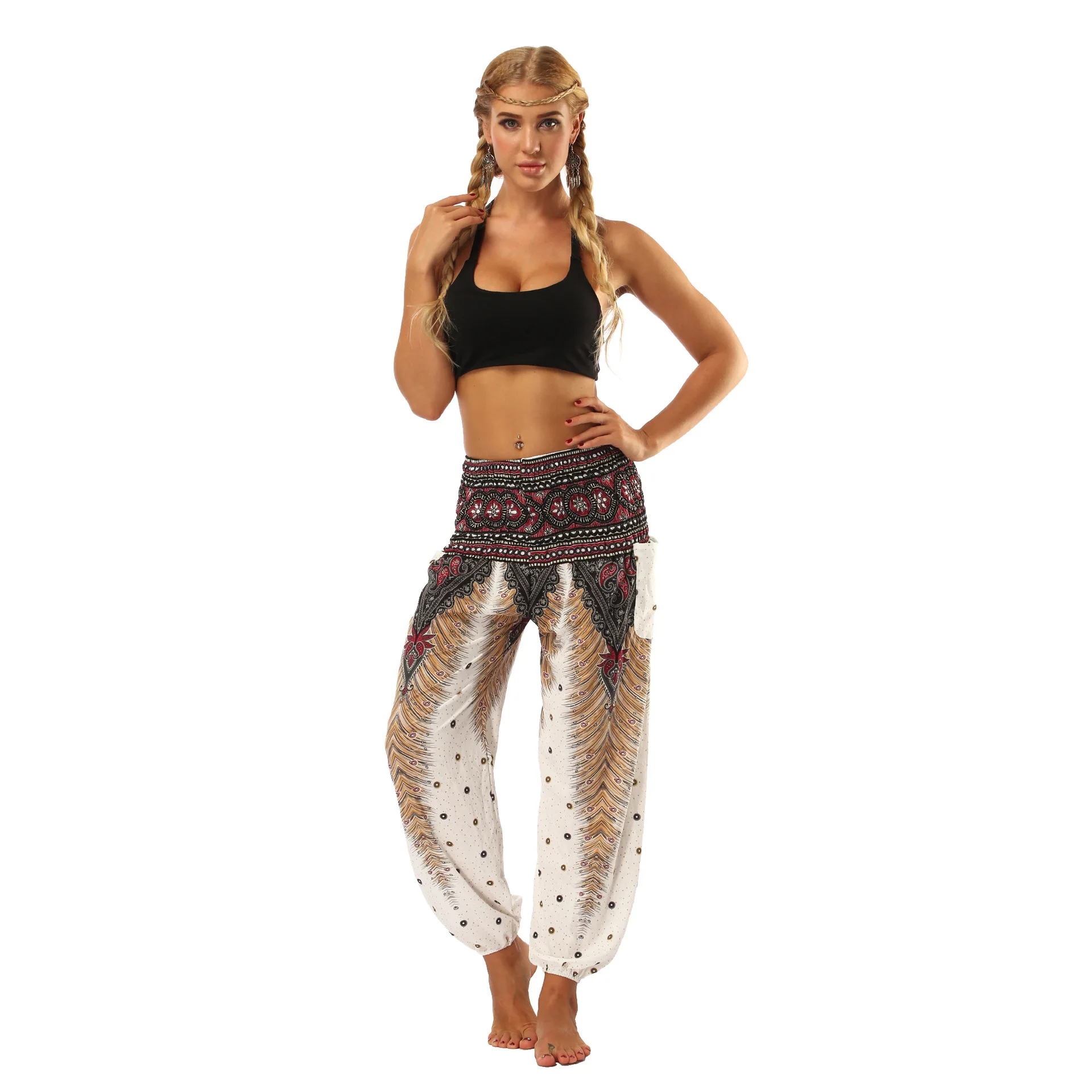 Women's Harem Pants Smocked High Bohemian Waist Pockets Indian Yoga Pants Loose Boho Hippie Pants