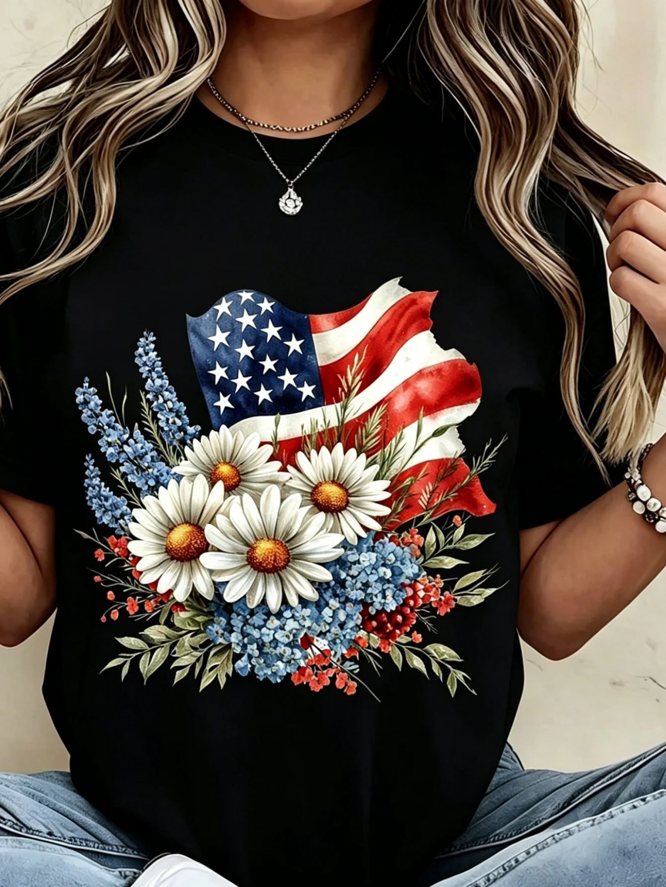 Plus-Size Women'S American Flag Floral Print T-Shirt, Casual Short Sleeve Round Neck Patriotic Top