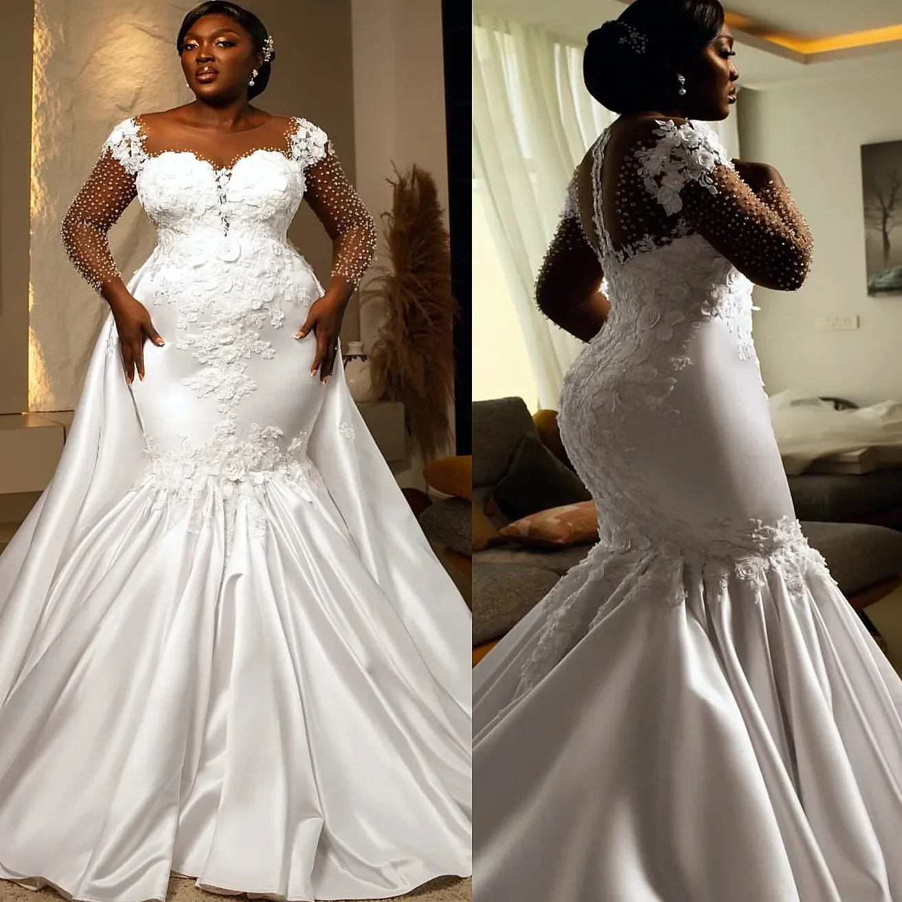 

Elegant Mermaid Lace Beaded Flower Embroidery Women's Wedding Dress Sexy Sweetheart Long Sleeve African Bridal Dress Customized