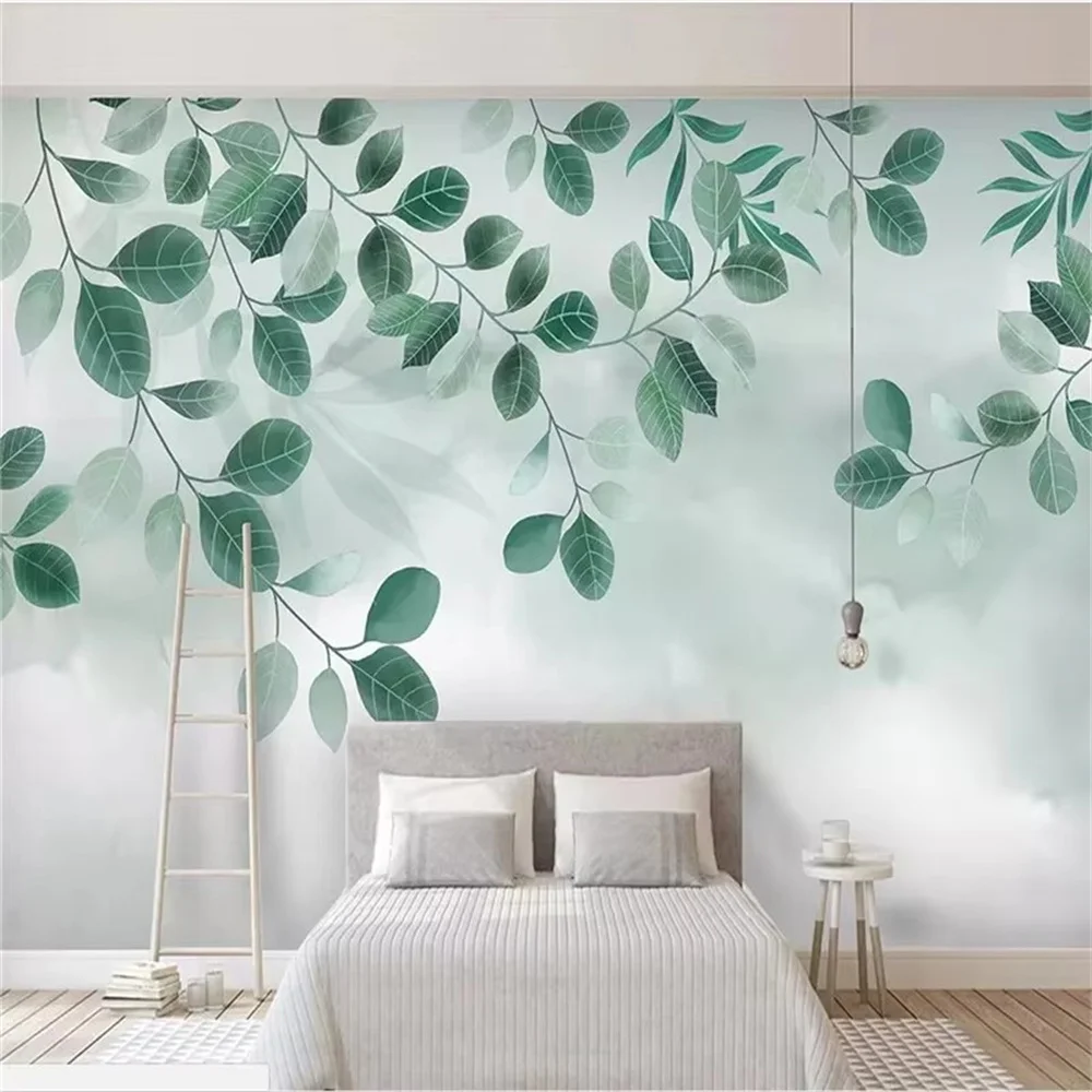 

Custom 3d wallpaper mural small fresh green leaf plant watercolor background wall hand-painted ginkgo leaf wallpapers home decor