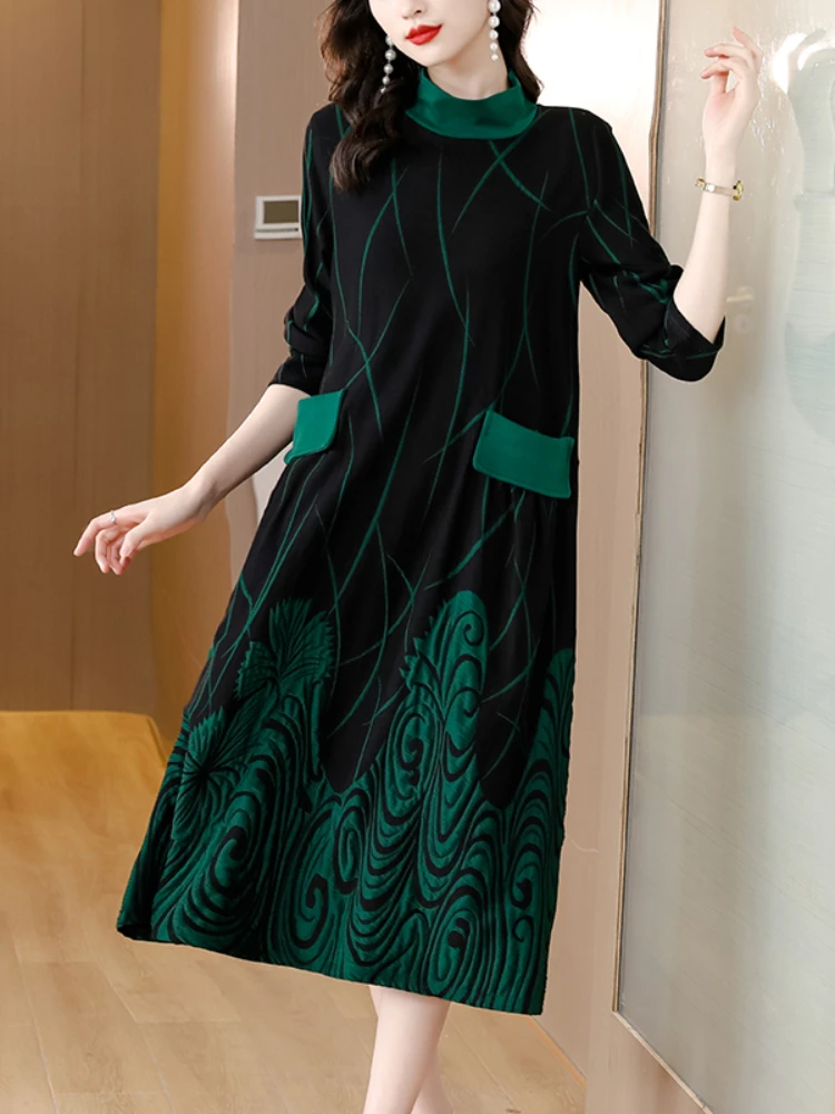 

Jacquard Patchwork Velvet Dress Vintage Spring Autumn Women Long Sleeve Elegant Fashion Korean Style Dress