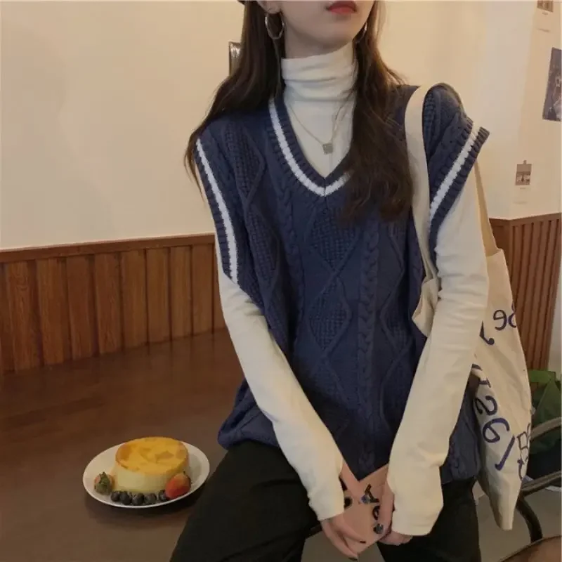 Sweater Vest Women Retro Panelled V-neck Sleeveless Sweaters Preppy Style Loose Stylish Knitted Tops Students Hot Sale Ulzzang