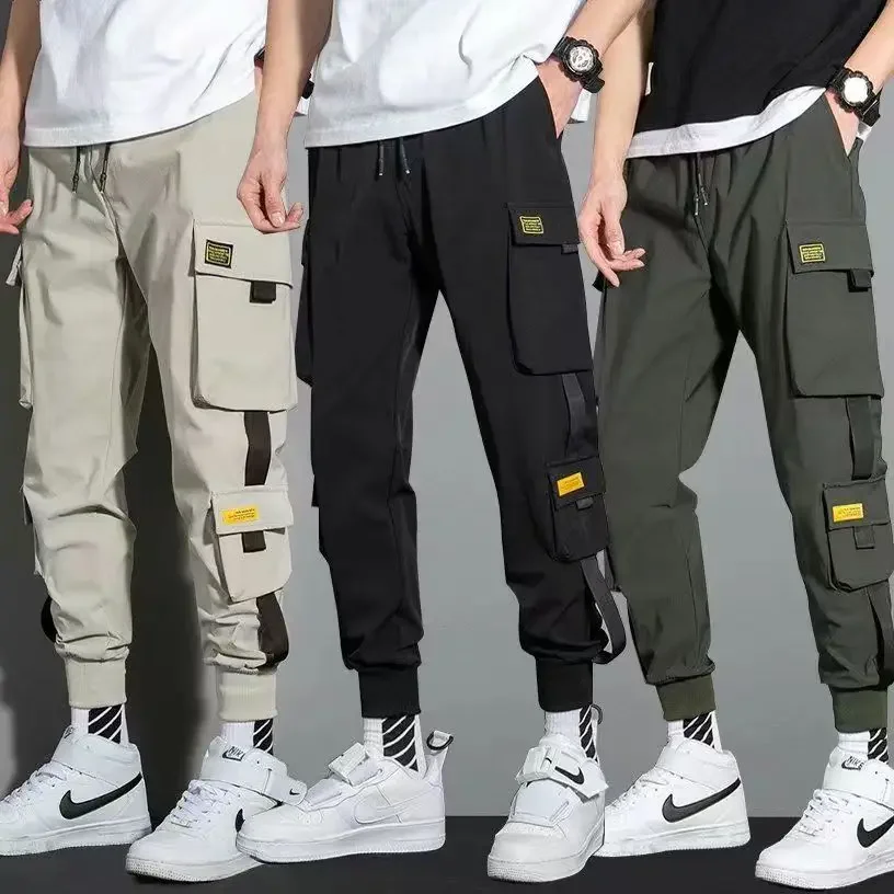 Thin Streetwear Casual Pants Men Ribbons Harem Jogging Pants Male Slim Fit Spring Cargo Pants Multi-Pockets Women Trouser Jx1