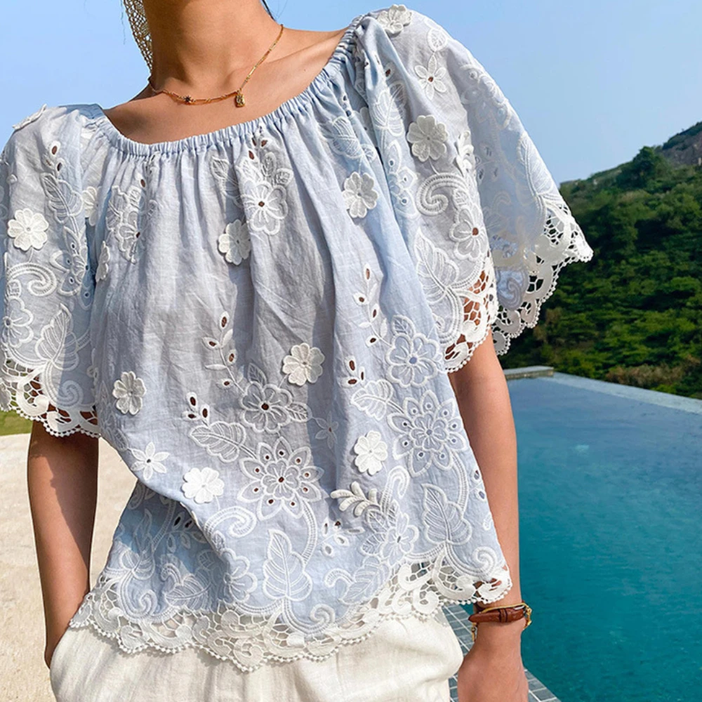 

100% Cotton 3D Embroidered Ladies Top Women's Blouses Shirts Vintage Puff Short Sleeve Off Shoulder Boho Beach Summer Blouse