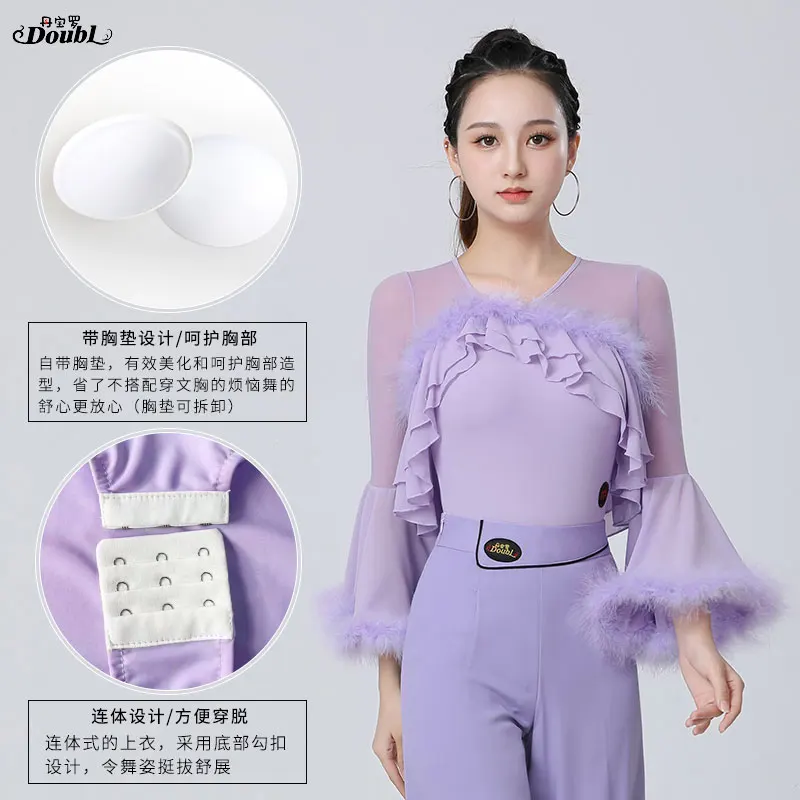 Doubl Moden Dance new Female Blouse Ostrich Hair Horn Sleeve High-end Brand Duo Dance Clothing Ballroom Dress