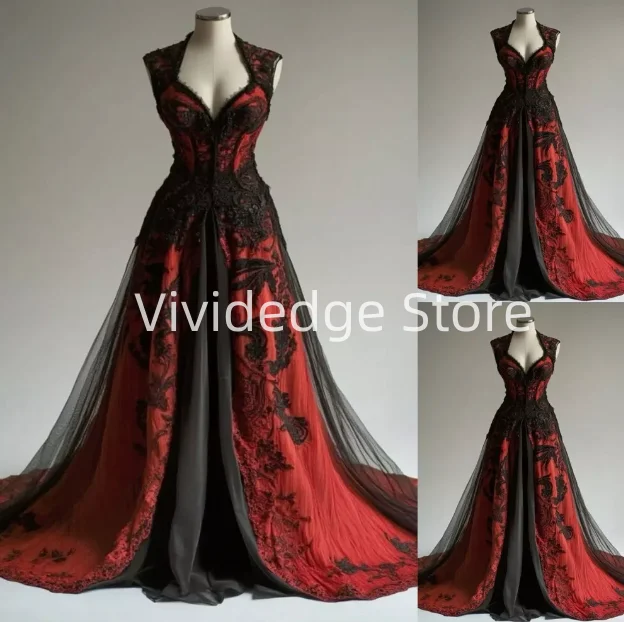 

Customized 2025 Black Red Gothic Wedding Backless Lace A-line V Neck Lace Appliqued Bridal Gowns Prom Dresses