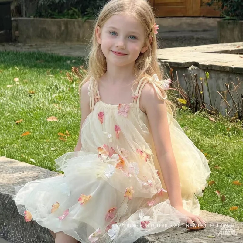 Korean girls' dress2026Summer Petal Flower Fairy Children's Dress Strap Mesh Princess Dress