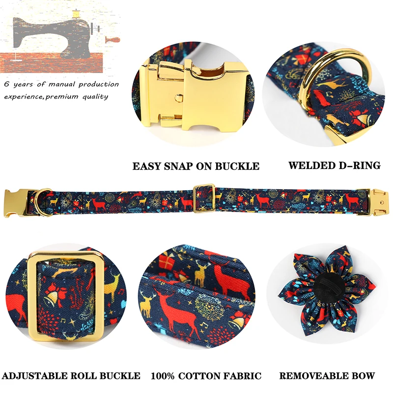 Unique Style Paws Blue Deer Christmas Dog Collar, Christmas Dog Collar with Flower Bowtie for Small Medium Large Dog