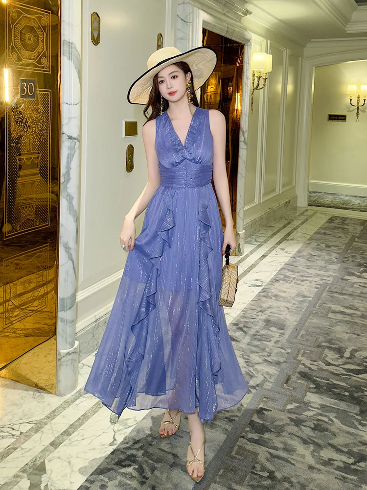 

Coigarsam Summer New Office Lady French Style Flounced Solid Chiffon Zipper High Waist V-Neck Purple Dresses