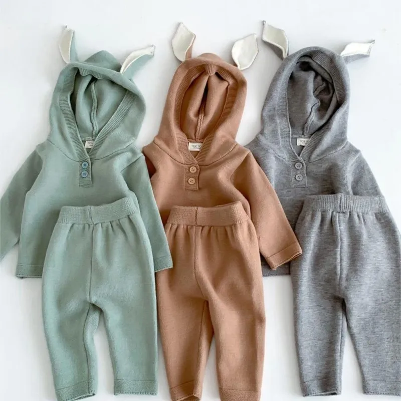 

Newborn Baby Boy Girl Knit Clothes Set Bunny Hooded Shirt+Pants Infant Toddler Sweater Knitwear Suit Spring Baby Clothing 3-18M