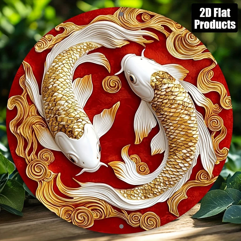 2D Flat, 1pc 2D Flat print 20x20cm Metal sign 2D Flat, 2D Flat Print, Arowana Theme, Round Metal Decorative Plaque Sign, Home De