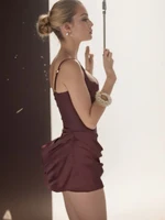 Chic Brown Pleated Hem Mini Dress Women's Elegant U-neck Sleeveless Back Bandage Slim Vestidos 2026 New Summer Lady Party Gown - Image 3
