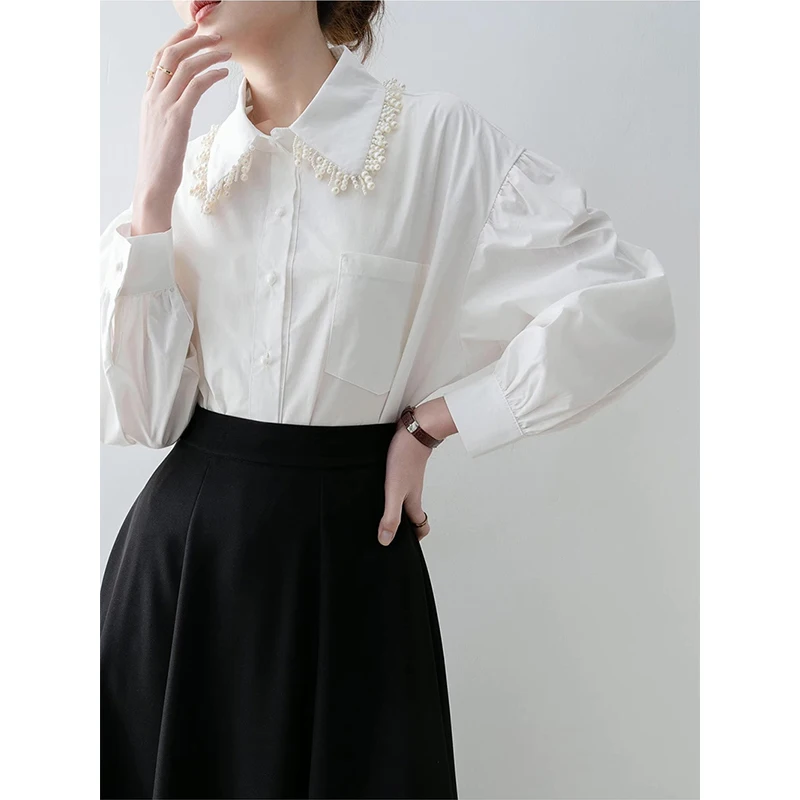 MEXZT Elegant เสื้อสีขาวผู้หญิงแฟชั่นประดับด้วยลูกปัด Patchwork เสื้อสํานักงานสุภาพสตรีเกาหลีแขนยาวออกแบบกระเป๋าเสื้อลําลอง