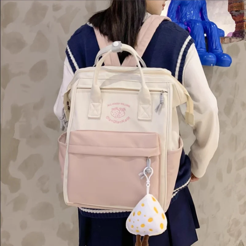 Large Capacity Solid Color Casual Student Backpack With Pendant School Bag Computer Backpack Women Backpack