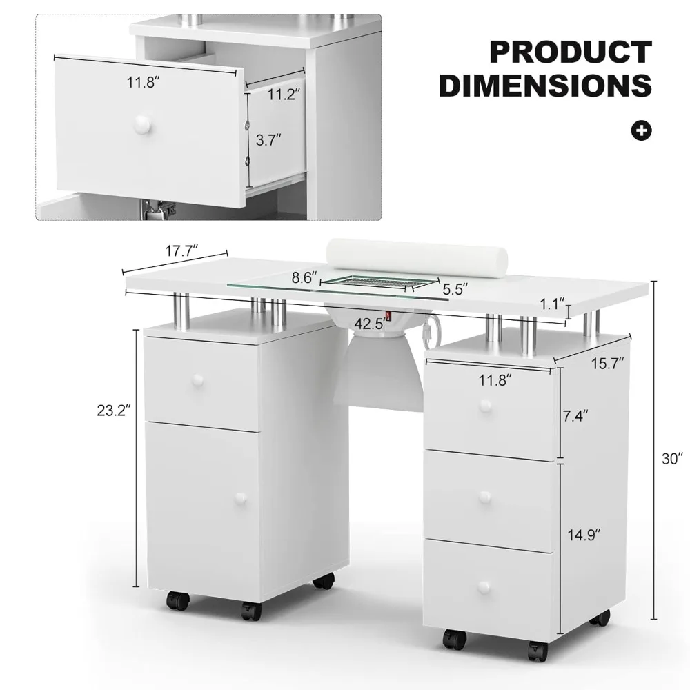 Nageltische.Maniküretisch, Nagel-Make-up-Schreibtisch mit Glasplatte, Nageltischstation für Tech mit elektrischer Downdraft-Entlüftung, Handgelenkkissen