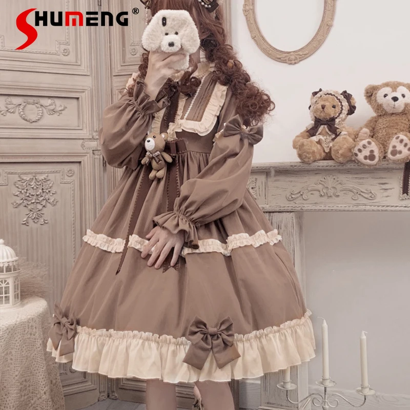 

Japanese Sweet Girl's Lolita Style Long-sleeved Dress Op Autumn Womens Cute Bow High Waist Slim Large Size Lo Knee-length Dress