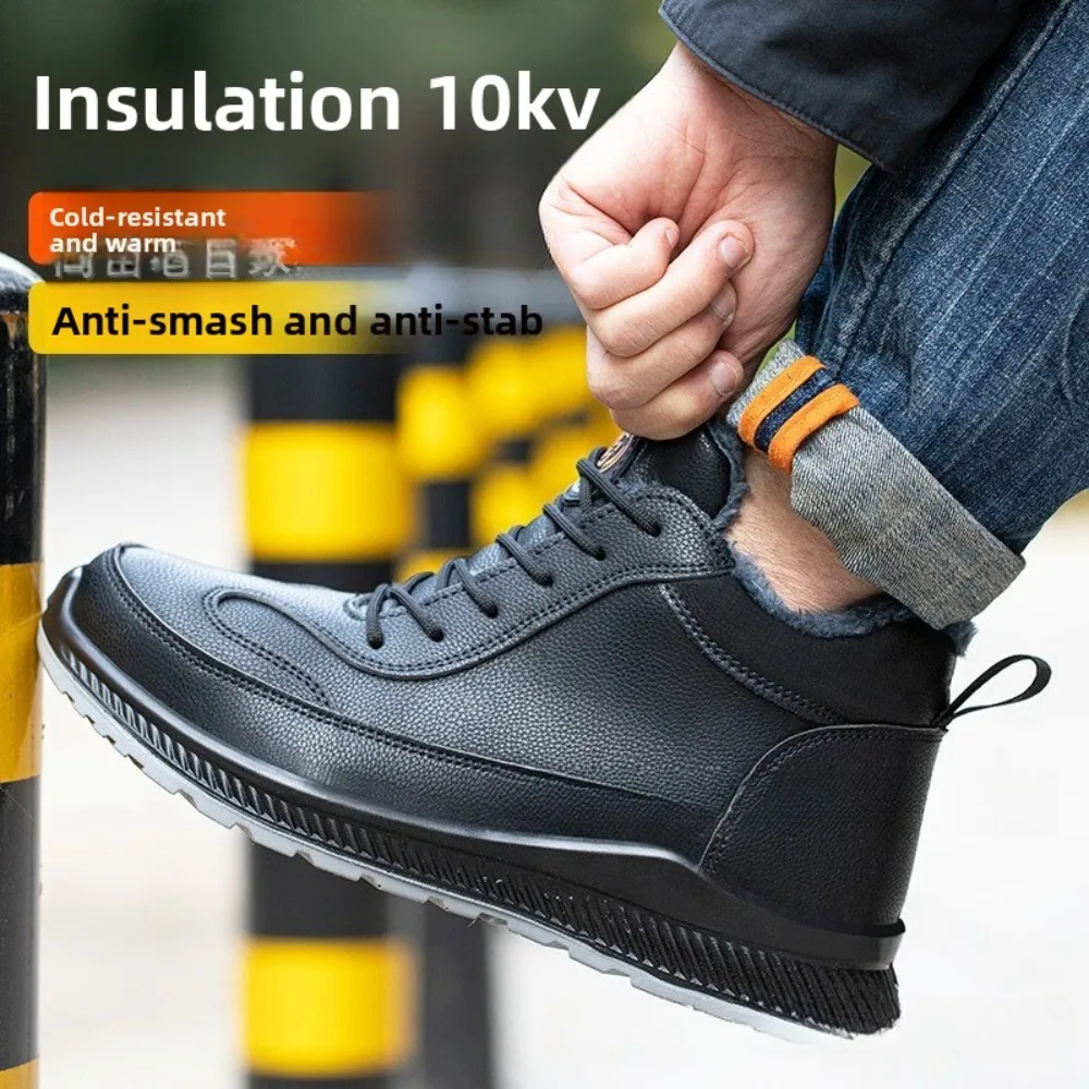 Men Winter Microfiber Leather Safety Shoes Anti Smash Puncture Proof Warm Plush Lining Slip Resistant High Top Work Boots