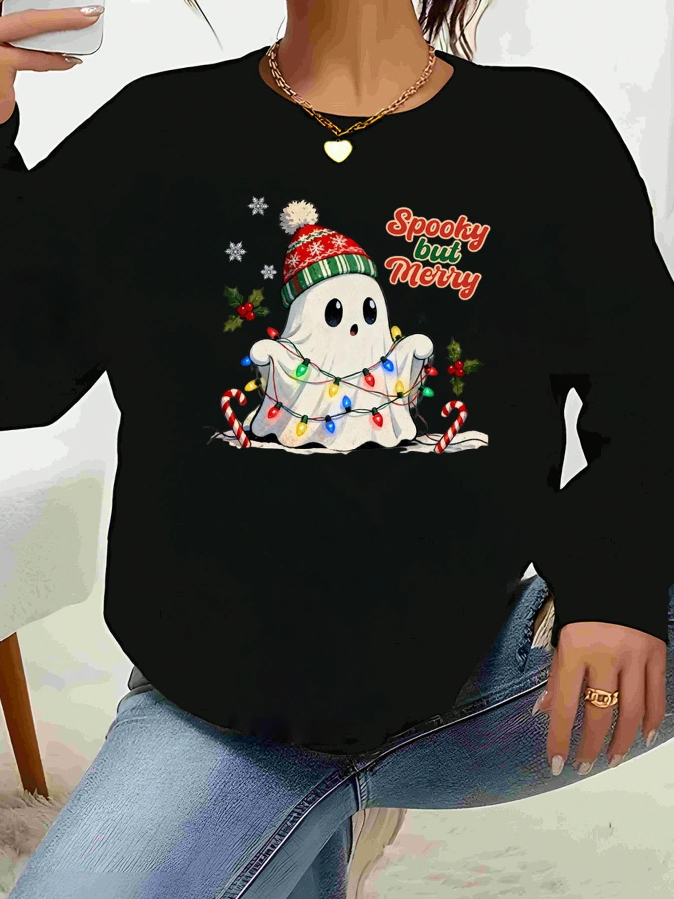 Ghost with Christmas Lights Spooky but Merry Print Sweatshirt Holiday Casual Wear Women