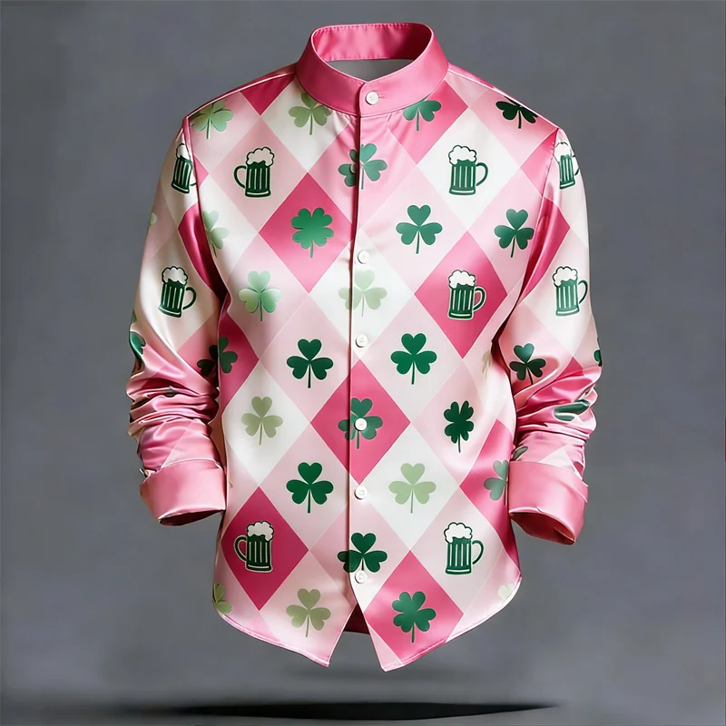 New men's long sleeved shirt with gold checkered 3D clover print, fashionable and luxurious long sleeved shirt top