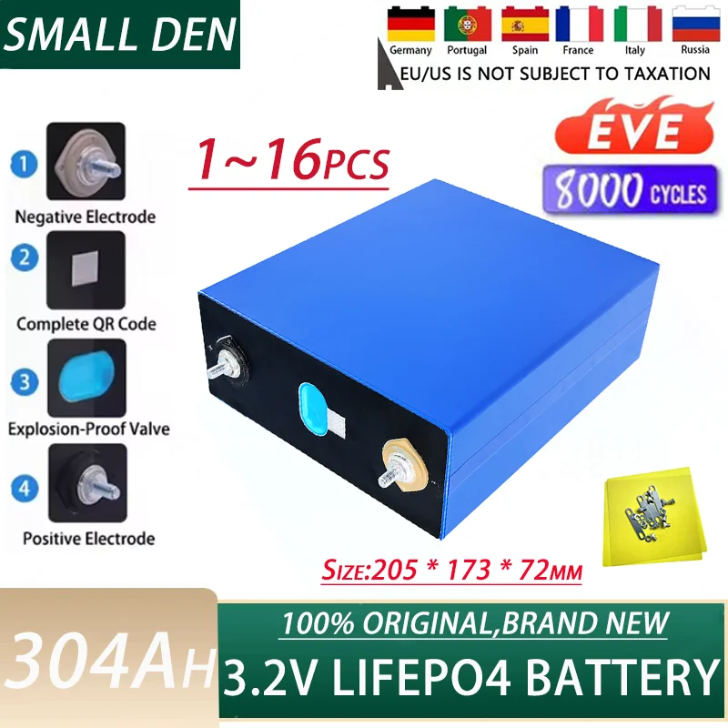 4~16pcs new A-class 3.2V EVE 304Ah lifepo4 battery DIY 12V 48V household energy storage battery Lithium ion phosphate battery