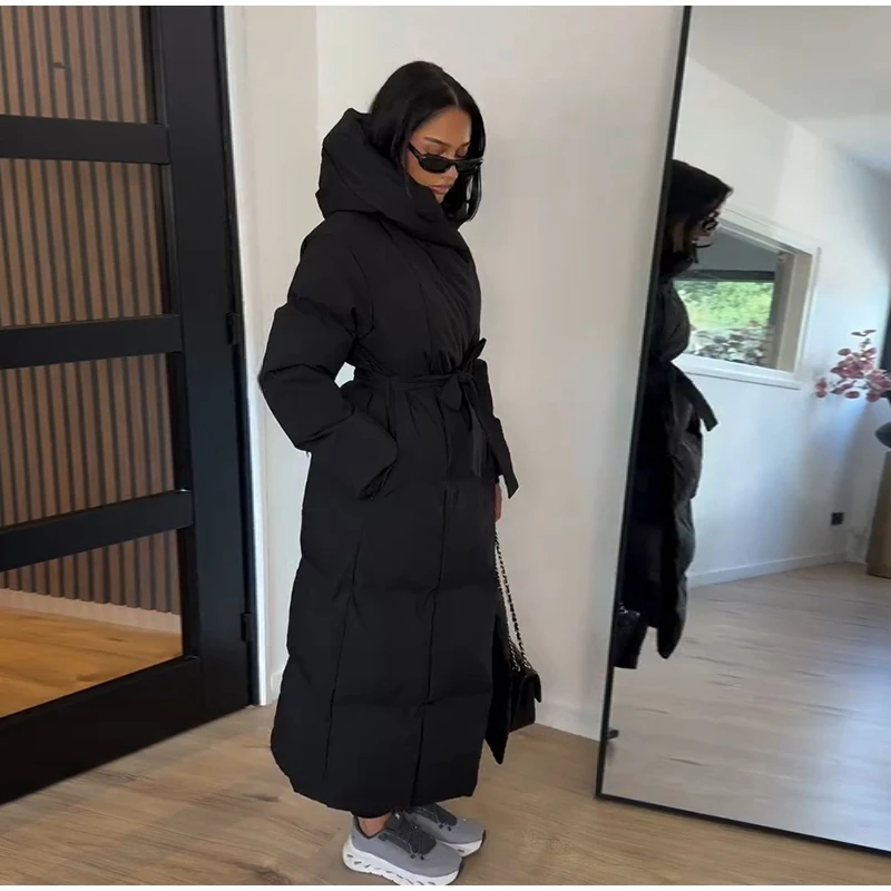 Elegant Long Belted Waist Tie Hooded Puffer Coat Quilted Thick Maxi 2026 Winter Daily Travel Outdoor Outerwear Casual Overcoat