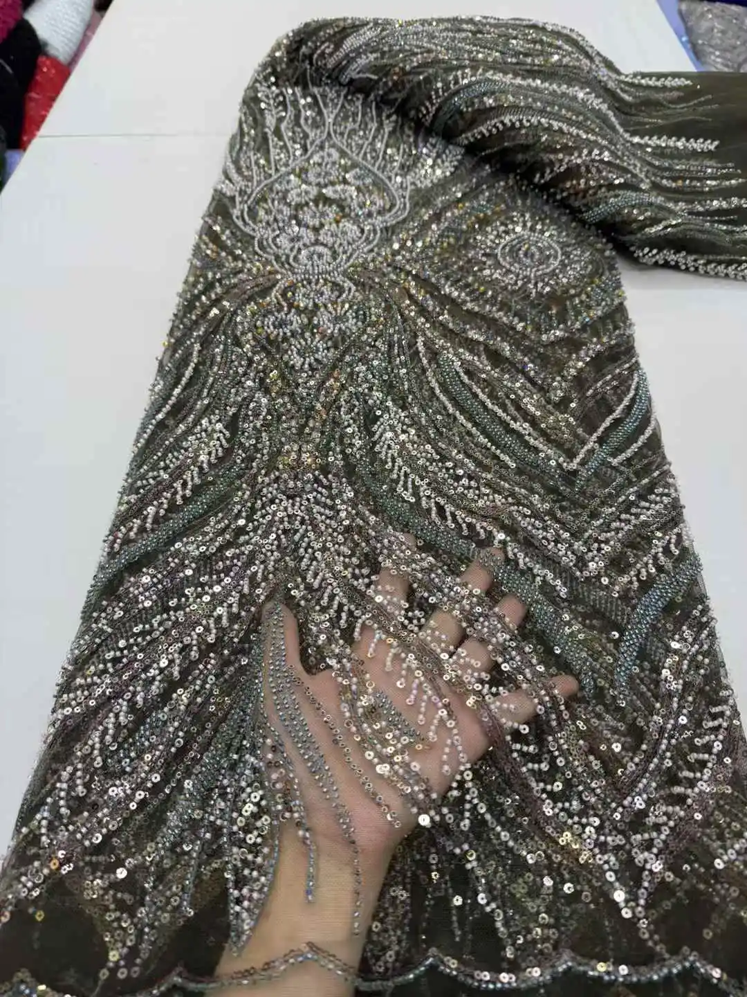 قماش دانتيل مطرز ثقيل أفريقي 2025 جودة عالية نيجيري ترتر لؤلؤ دانتيل فرنسي تول قماش لخياطة فستان حفلات الزفاف