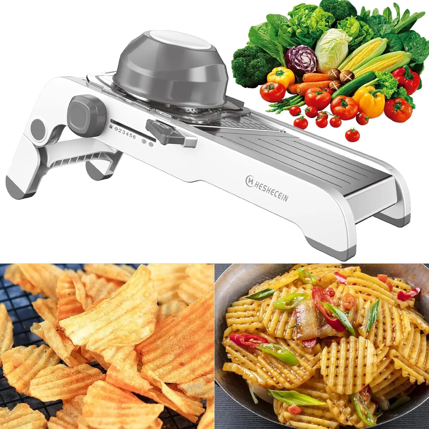 

24-in-1 Adjustable Mandoline Slicer with Waffle Fry Cutter, Safe Kitchen Food Chopper in Grey
