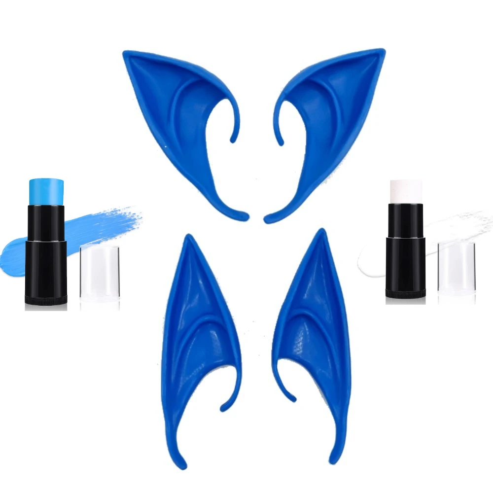 Pintura facial azul real para Cosplay de murf, orejas cortas de elfo, Cosplay de Halloween, orejas de elfo puntiagudas, pintura facial blanca azul marino para fiesta