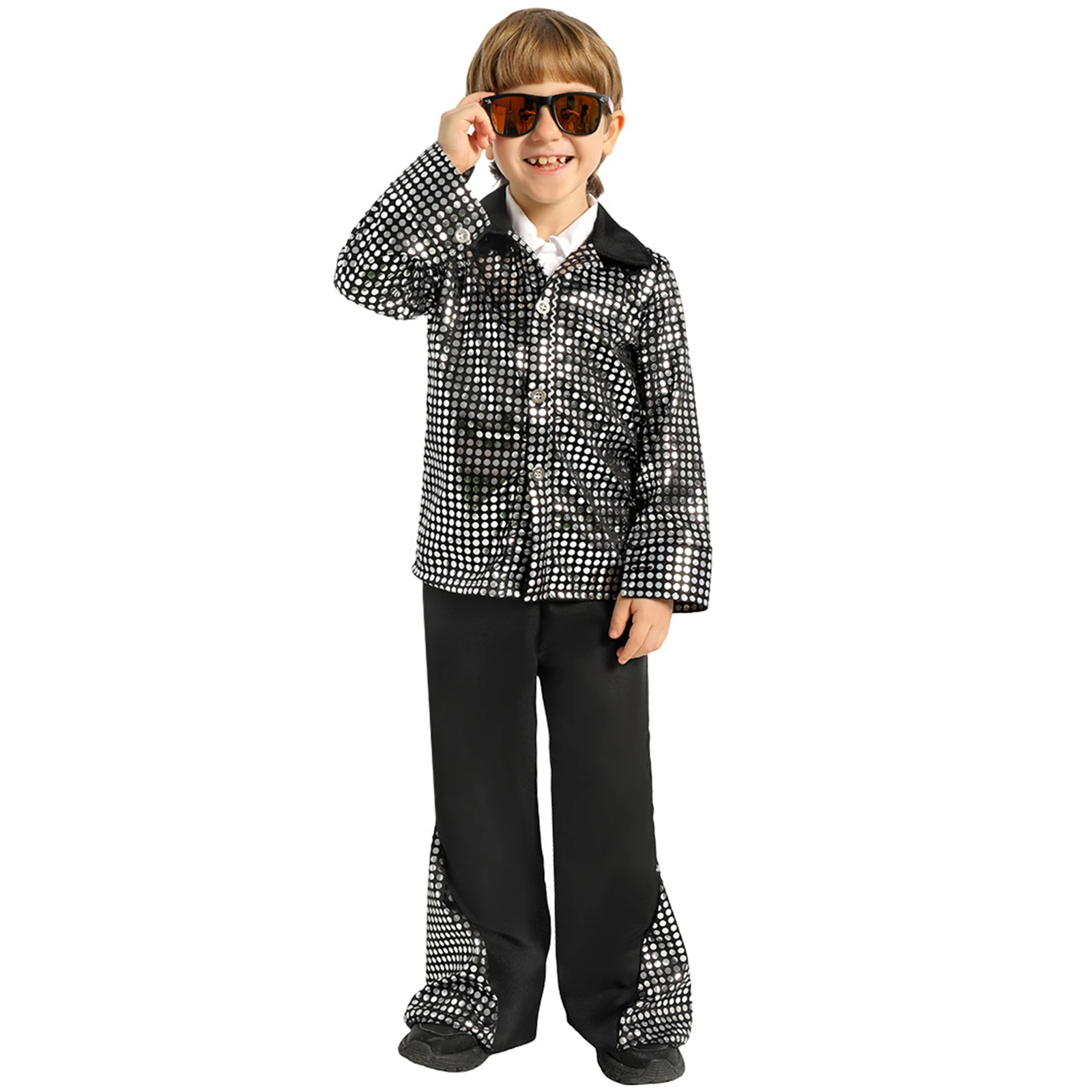 Boys 70s 80s Retro Disco Sparkle Flare Jumpsuit Party Prom Halloween Cosplay Costume view 3