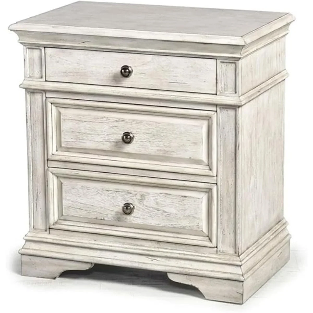 Highland Park Nightstand, Driftwood Finish, Nickle Hardware, 2 USB Charging Ports, 2 Full Size Drawers & 1 Half Size Drawer