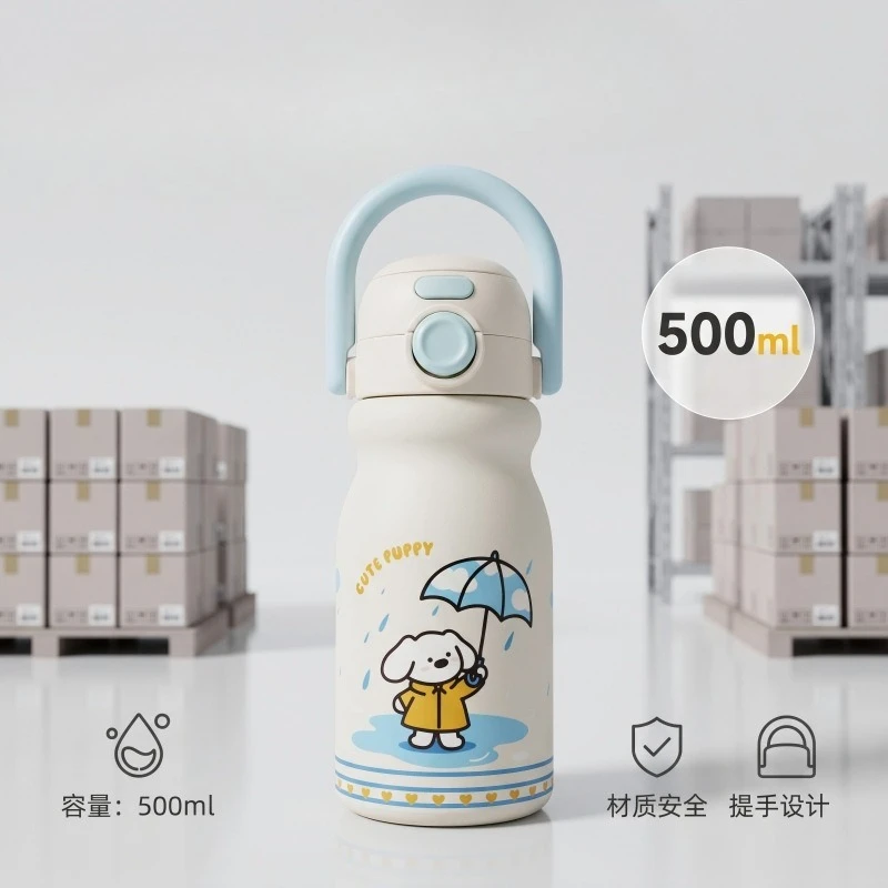 316 Stainless Steel Cream Tumbler with Handle, Large Capacity 500-1000ml Insulated Cartoon Cup for Kids