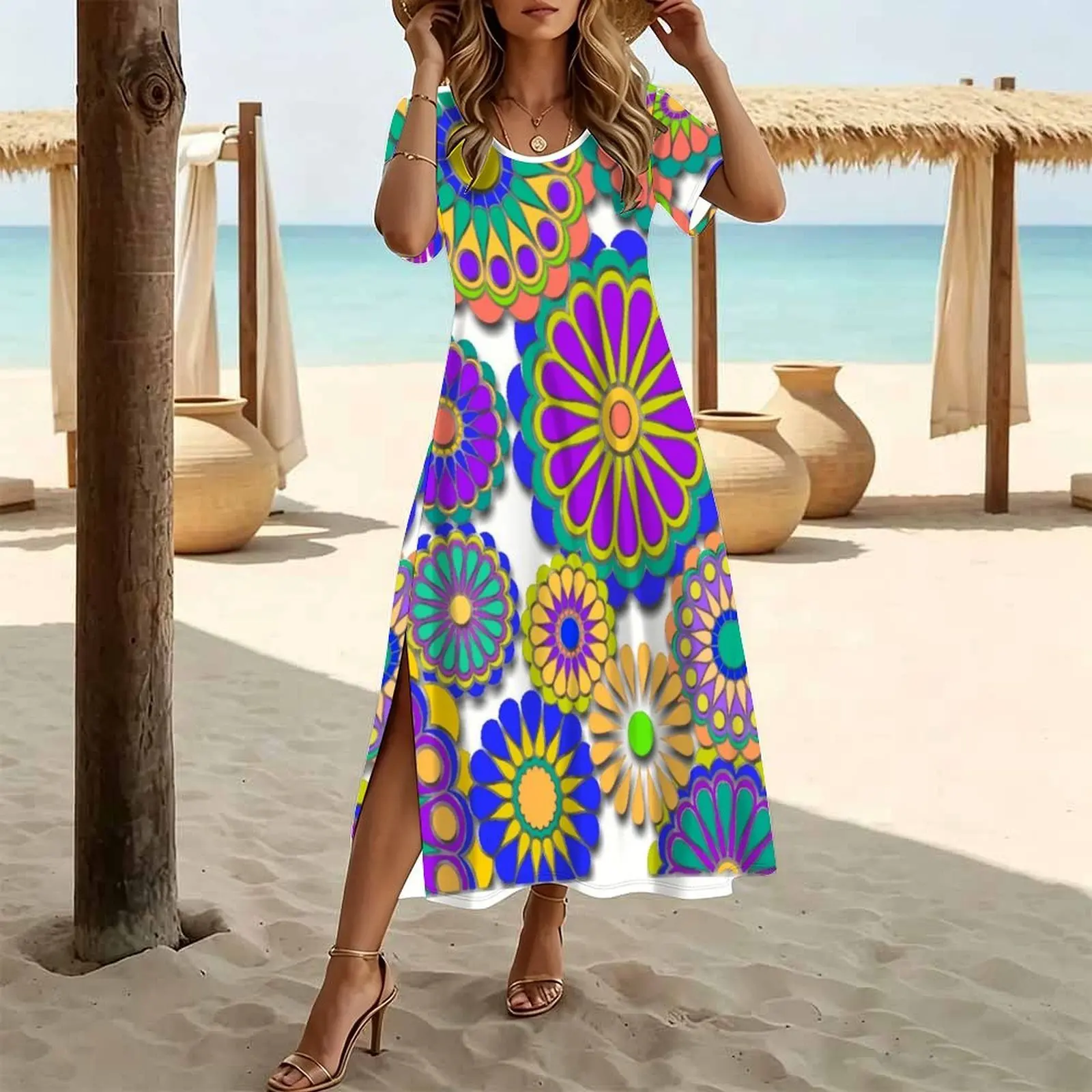 Happy Hippy Flowers 2 Women's Round Neck Short Sleeve Split Long Dress