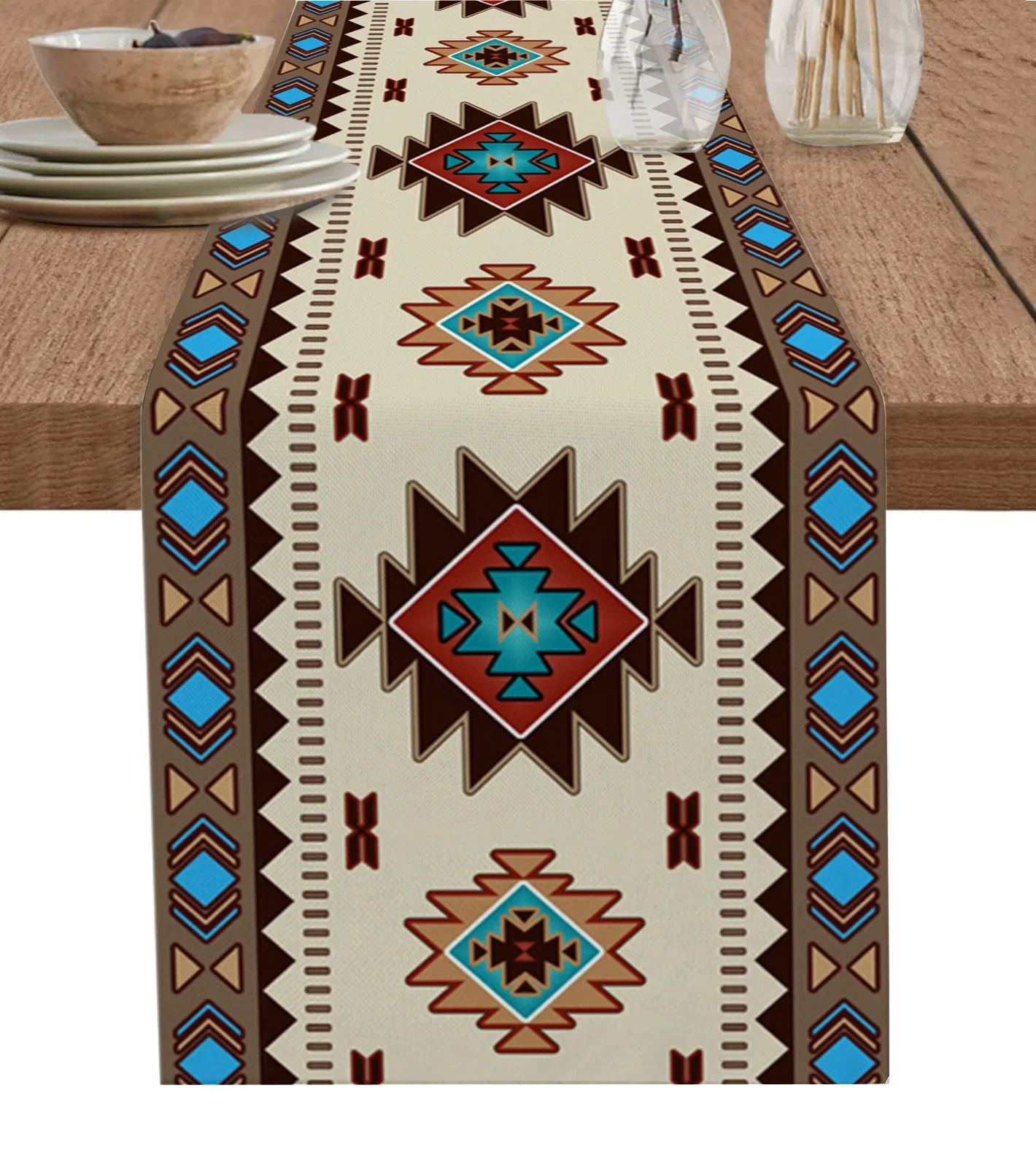 Bohemian Ethnic Geometry Linen Table Runners Holiday Party Decor Reusable Table Runners for Dining Table Wedding Decorations