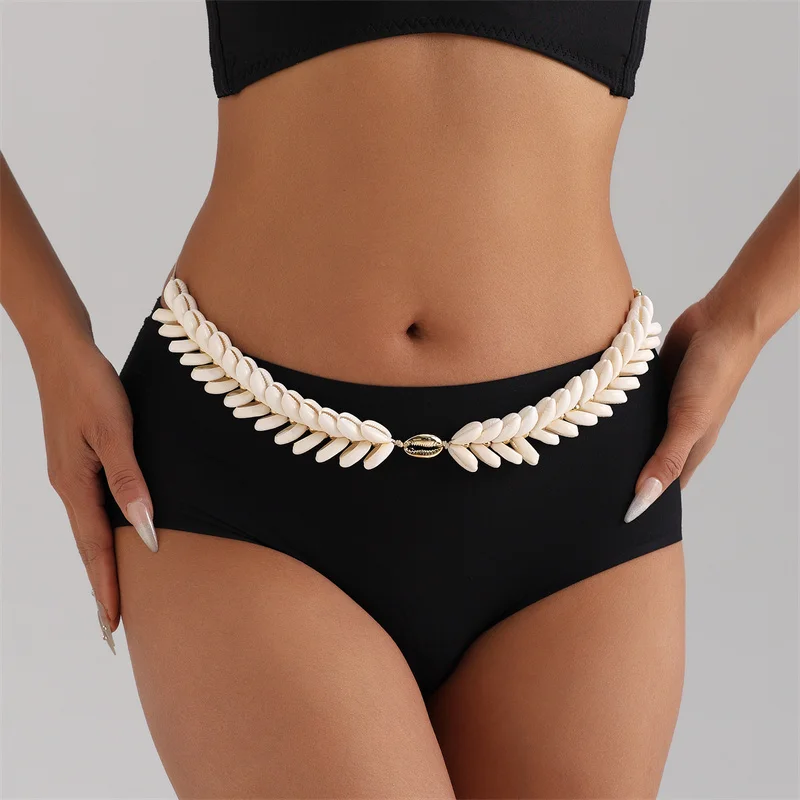 Cadena de cuerpo de ocio de playa de verano para mujer, cadena de cintura de encaje ajustable de concha Natural tejida a mano, accesorios de joyería de moda