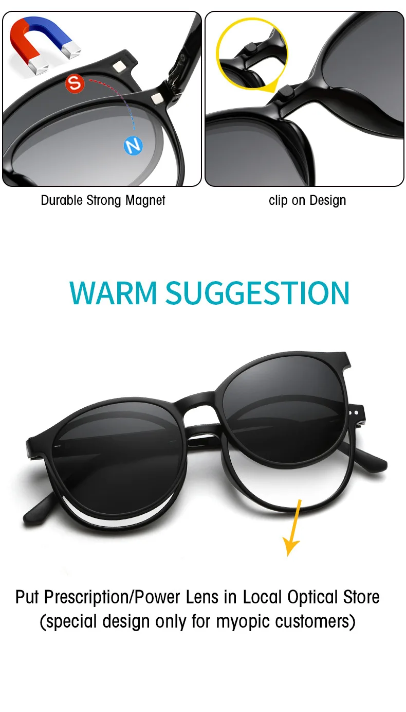 YIMARUILI Mode TR90 Magnetische Polarisierte Clip-on Gläser Retro Runde Optische Brillen Rahmen Männer und Frauen 6218 – Detail 5