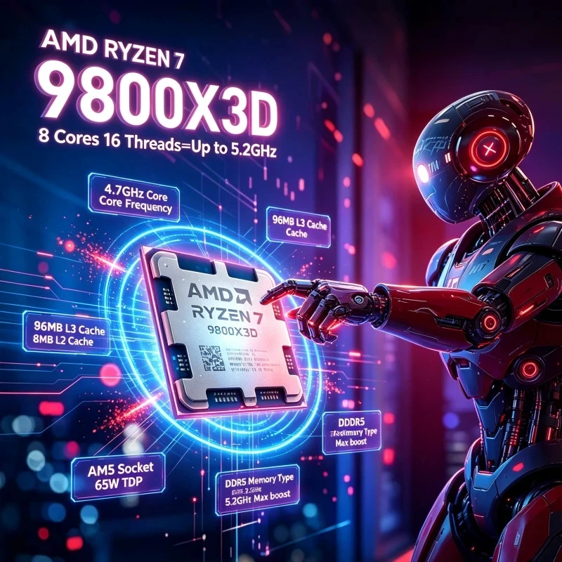AMD Ryzen 7 9800X3D Gaming Processor 3D V-Cache 96MB L3 5.2GHz Max Boost 8-Core 16-Thread AM5 DDR5 4nm 120W Desktop CPU