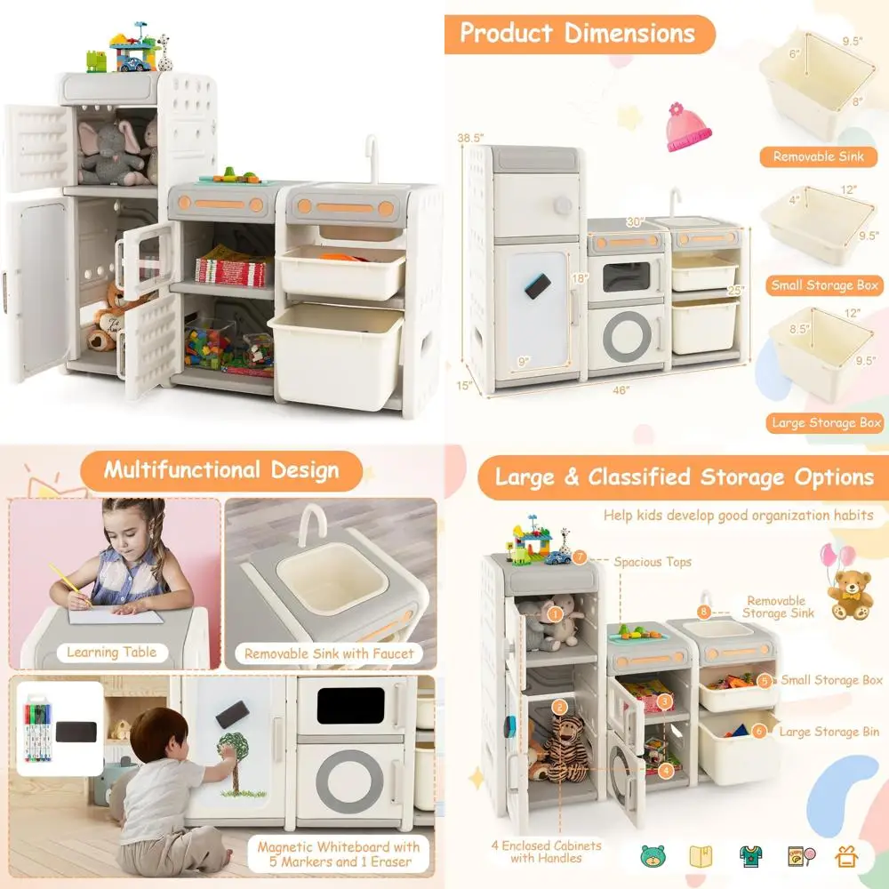 multifunctionele speelgoedorganizer voor kinderen in montessori-stijl met afneembare lades en magnetisch whiteboard