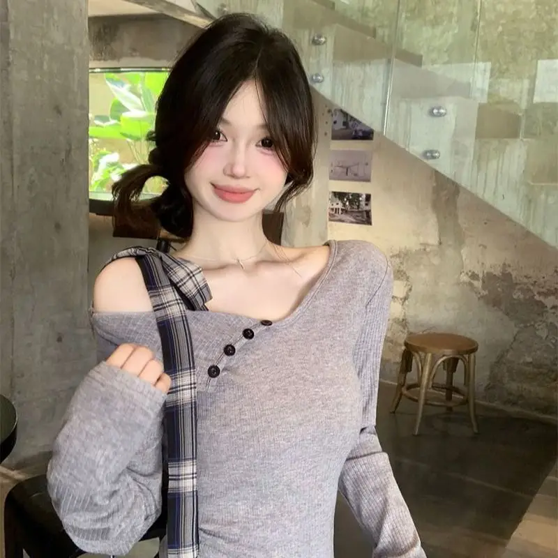Female Casual Korean Patchwork V-neck Long Sleeve T-Shirts Autumn All-match Plaid Irregular Interior Lapping Women Clothes Tops